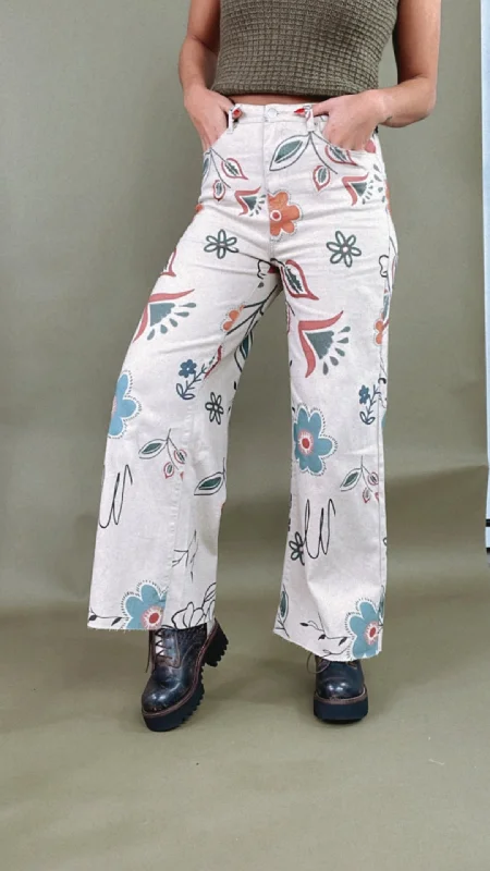 High-rise tight trousers for women with side zippers for easy styling -Happier Days Floral Printed Wide Leg Pants