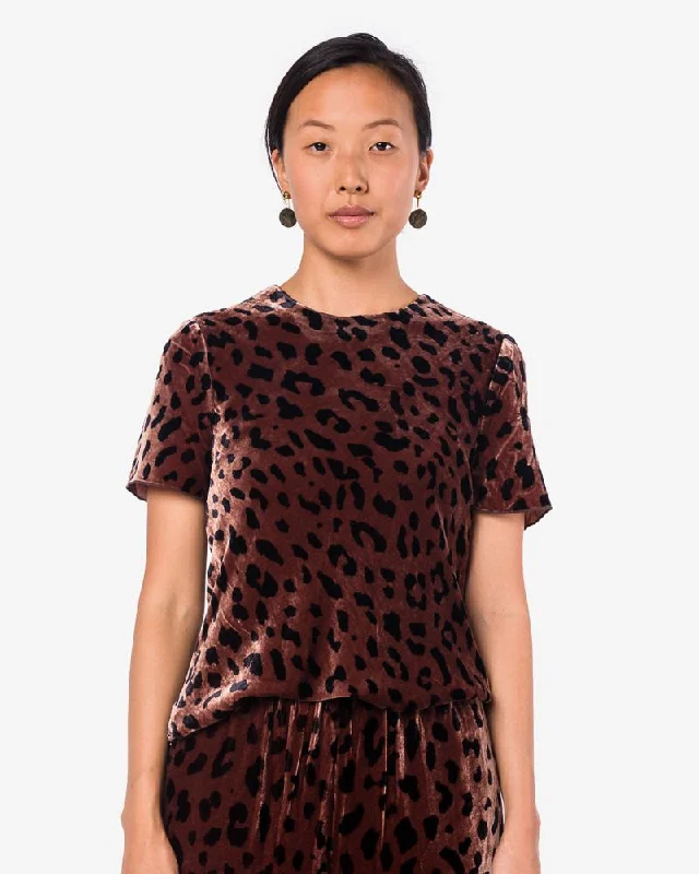 Short Sleeve Blouses for Summer -Cheetah Velvet T-Shirt in Rosewood/Navy