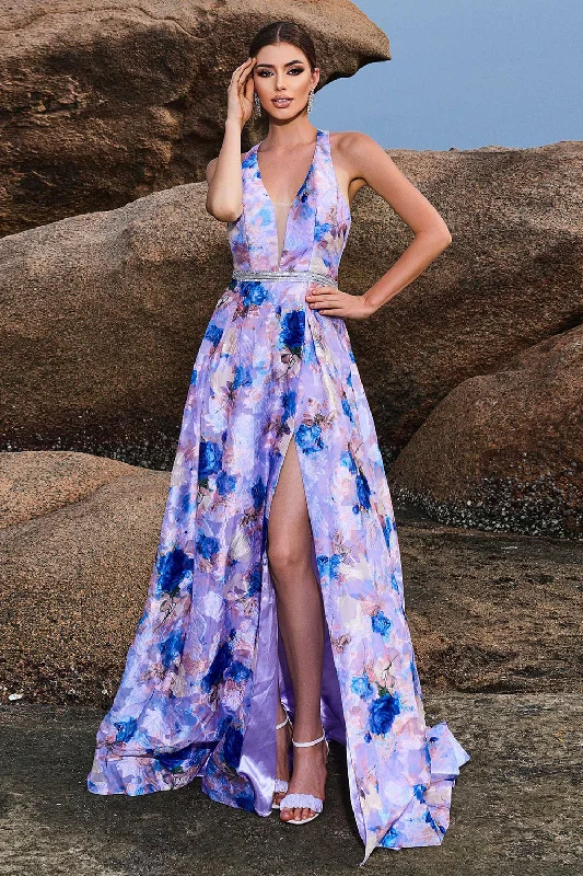 Green Dresses for Nature -Floral Print Blue Purple A Line Halter Prom Dress with Slit