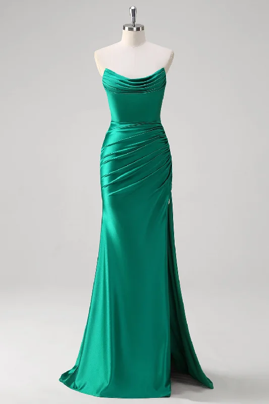 Purple Dresses for Royalty -Green Mermaid Strapless Satin Ruched Long Prom Dress with Slit