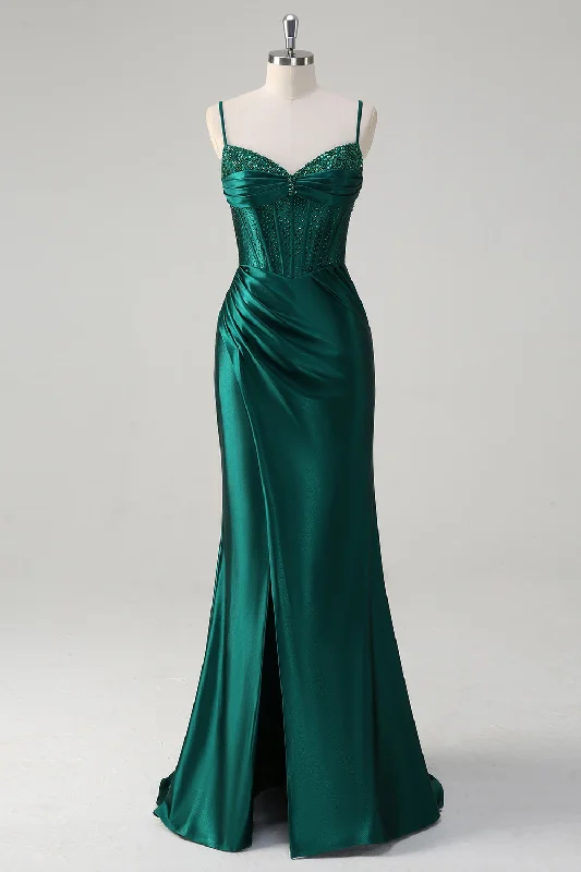 Retro Dresses for Throwback -Sparkly Dark Green Mermaid Corset Beaded Long Prom Dress with Slit