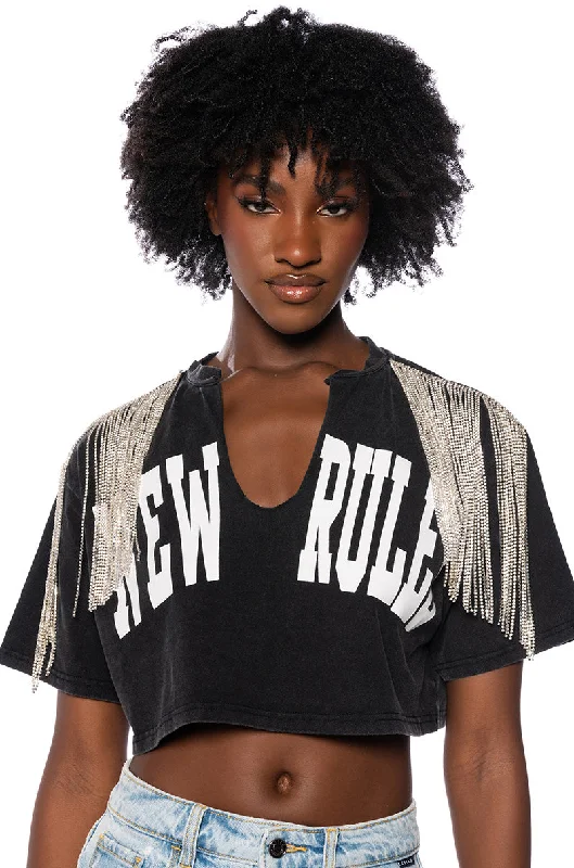 Sheer Blouses for Alluring -NEW RULES RHINESTONE DETAIL OVERSIZED TSHIRT