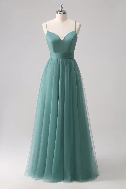 Sundress Dresses for Sunny -Eucalyptus Spaghetti Straps A-Line Tulle Bridesmaid Dress