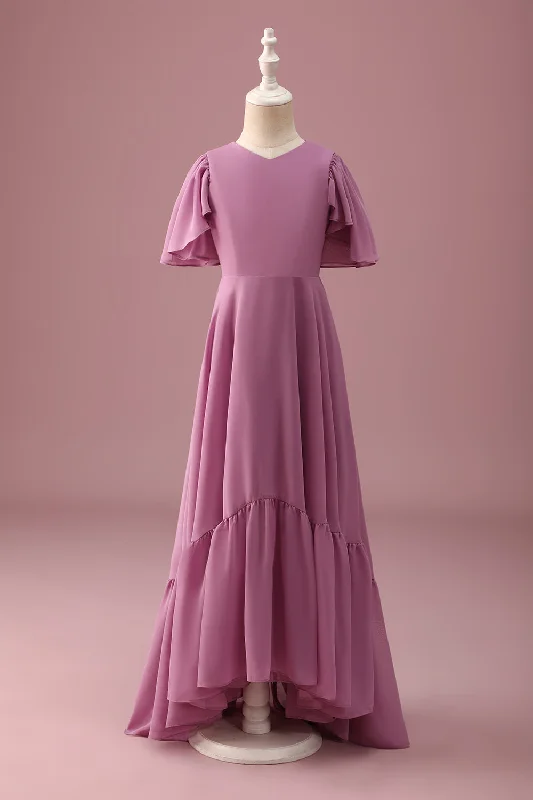 Linen Dresses for Breathable -Vintage Mauve A Line Ruched Chiffon Junior Bridesmaid Dress With Short Sleeves