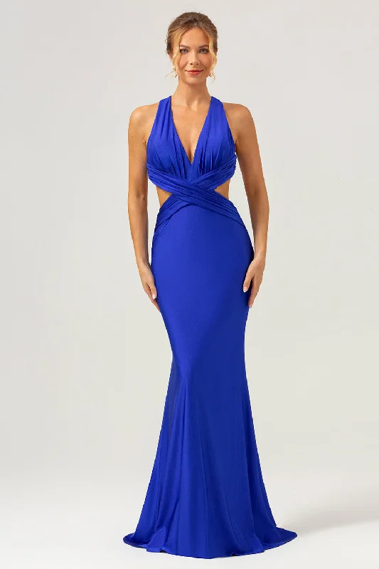 Lace Dresses for Delicate -Royal Blue Mermaid V Neck Cut Out Ruched Long Bridesmaid Dress