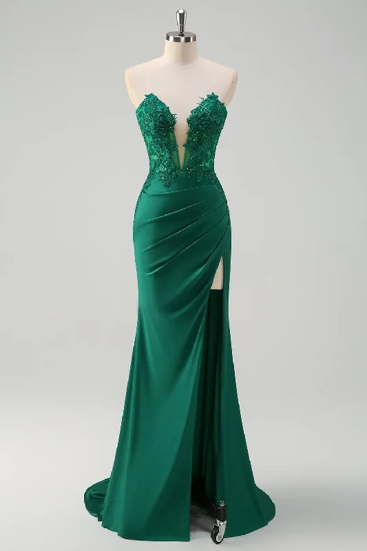 Sleeveless Dresses for Coolness -Sparkly Green Mermaid Strapless Corset Long Prom Dress with Slit