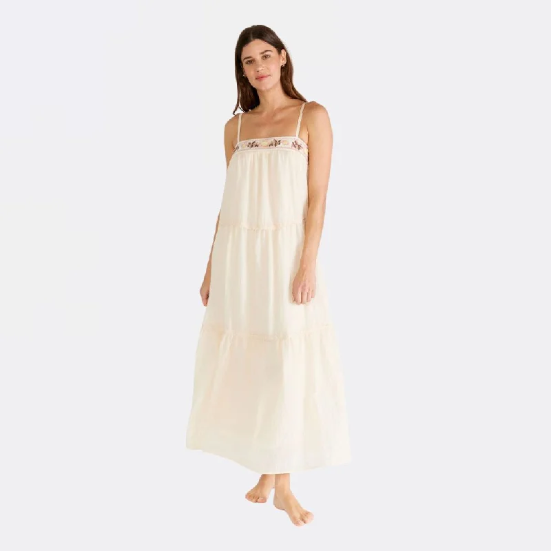 Retro Dresses for Throwback -Embroidered Square Neck Tiered Maxi Dress (Light Peach)