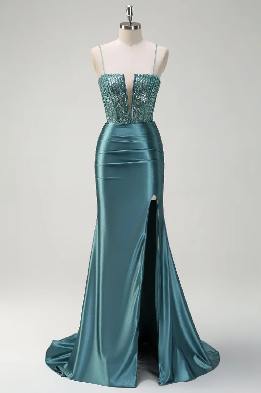 Ruffled Dresses for Girly -Sparkly Dusty Green Mermaid Spaghetti Straps Beaded Long Prom Dress with Slit