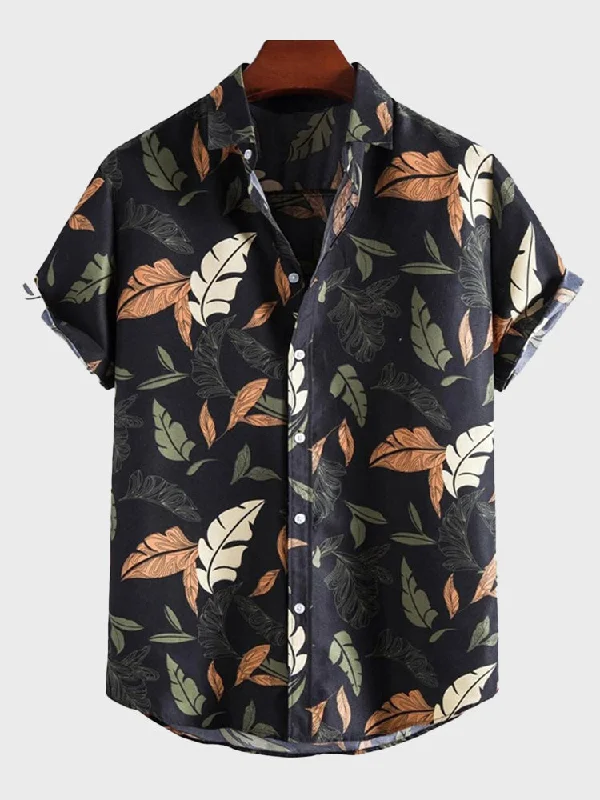 Green Blouses for Nature -Leaf Print Linen Shirt