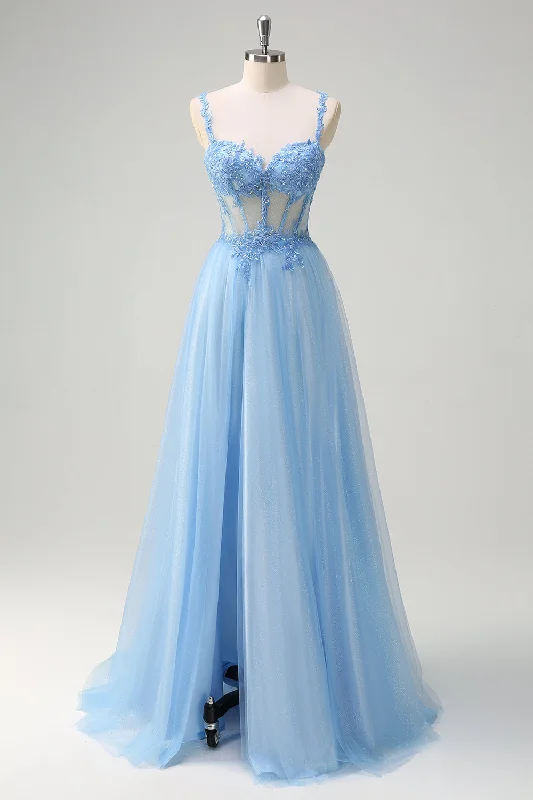 Floral Dresses for Romantic -Sparkly Blue A-Line Sheer Corset Lace Up Back Long Prom Dress with Slit