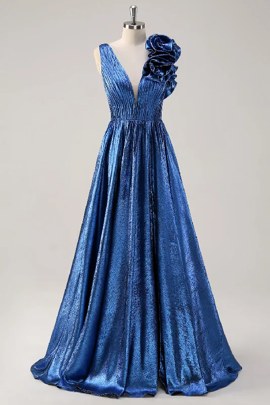 Ball Gown Dresses for Glamour -Royal Blue A Line Deep V-Neck Metallic Prom Dress with Floral Shoulder Detail