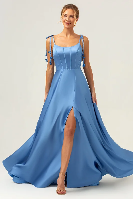 Elastic Dresses for Fit -Blue A Line Spaghetti Straps Corset Satin Long Bridesmaid Dress with Slit