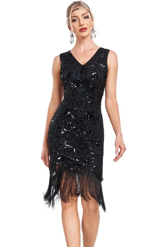 Flared Dresses for Retro -Sparkly Black Sequins V-Neck 1920s Flapper Dress with Fringes