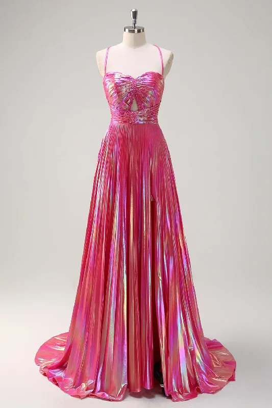 Animal Print Dresses for Fun -Fuchsia A-Line Spaghetti Straps Metallic Pleated Long Prom Dress with Slit