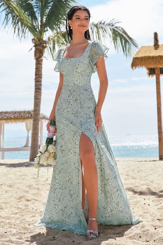 Resort Dresses for Vacation -Grey Green Printed Floral Bridesmaid Dress with Slit