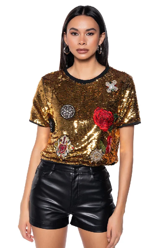 Beach Blouses for Vacation -ESTRELLA SEQUIN PATCH DETAIL SHORT SLEEVE T SHIRT