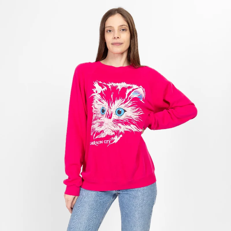 Satin Blouses for Luxurious -Large 90s Hot Pink Cat Graphic Sweatshirt