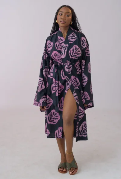 Long Sleeve Blouses for Coverage -Oya Abeo Purple Animal Cotton Robe, hand-printed button down shirt