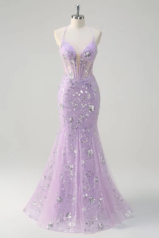 Belted Dresses for Shaping -Sparkly Lilac Mermaid Sheer Corset Sequin Prom Dress with Lace Up Back