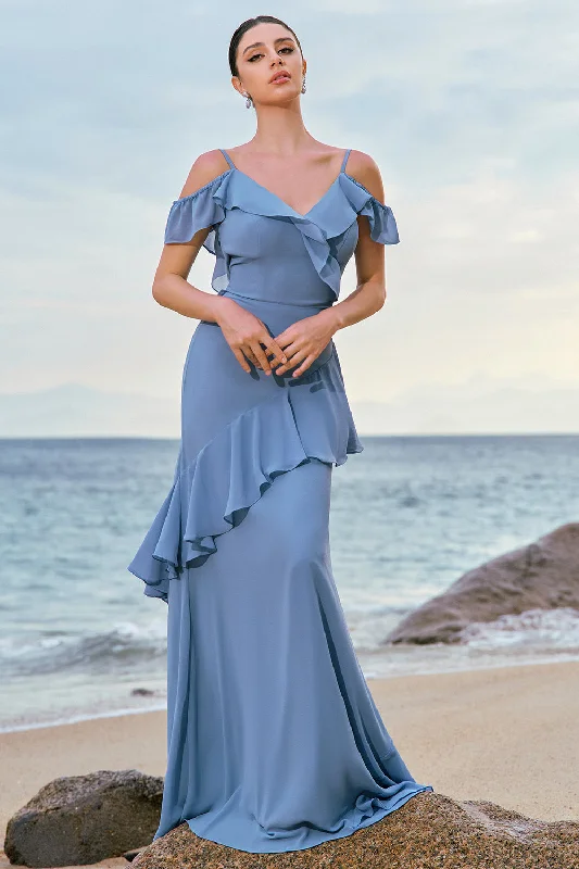 Beach Dresses for Coastal -Blue Cold Shoulder Chiffon Bridesmaid Dress with Ruffles