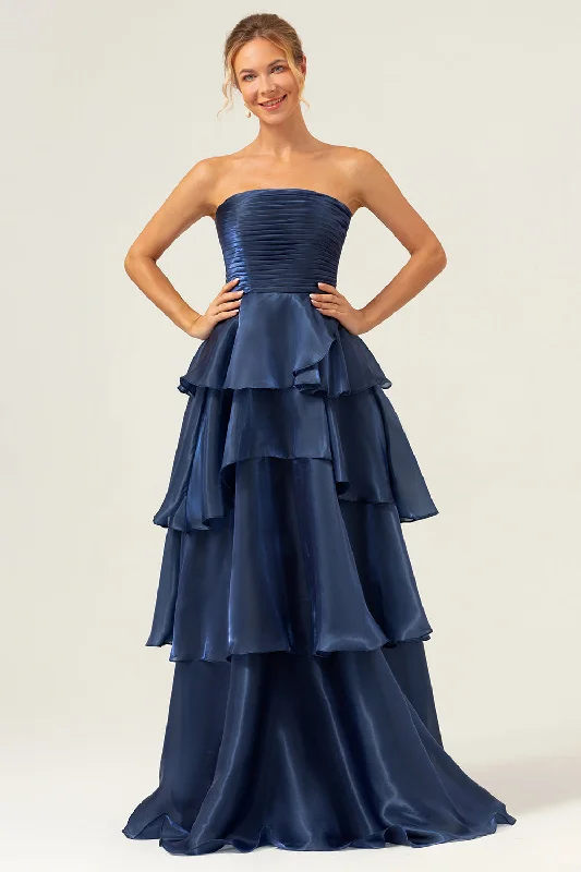 Silk Dresses for Luxurious -Dark Navy A Line Strapless Tiered Satin Long Prom Dress