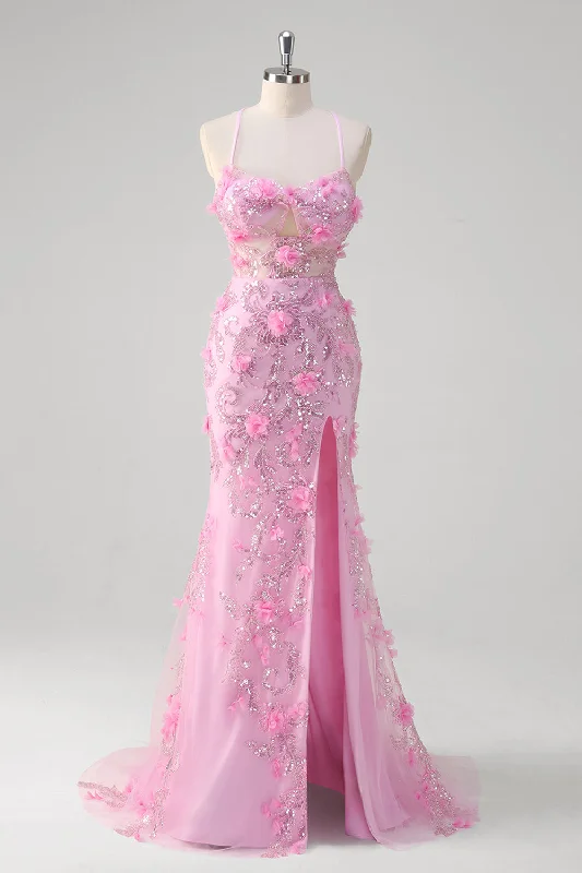 Evening Dresses for Formal Events -Pink Mermaid Spaghetti Straps Sequin Prom Dress With 3D Flowers