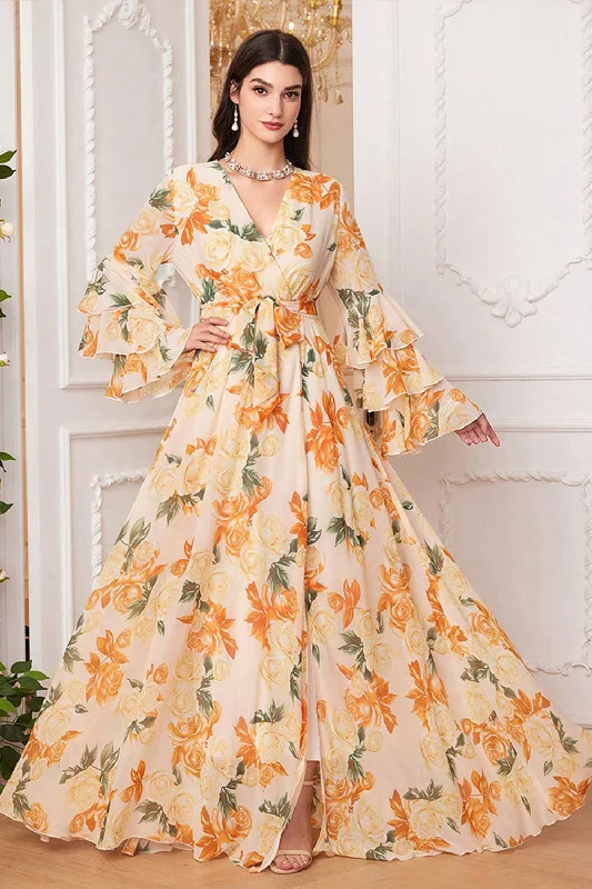 Tiered Dresses for Voluminous -Yellow Floral Chiffon A-Line V-neck Long Sleeves Long Prom Dress