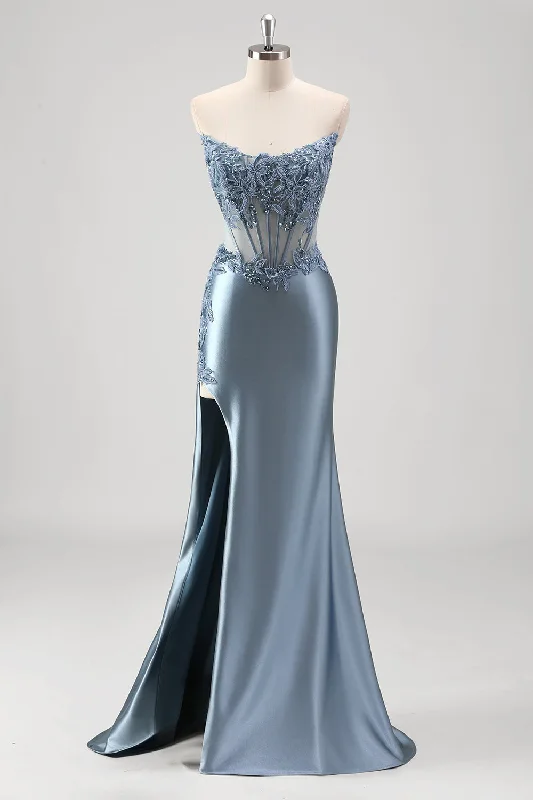 Leather Dresses for Luxury -Sparkly Grey Blue Mermaid Beaded Strapless Metallic Prom Dress with Slit