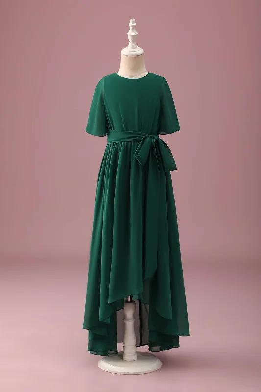 Low-waisted Dresses for Relaxed -Dark Green A-Line Round Neck Chiffon High Low Junior Bridesmaid Dress