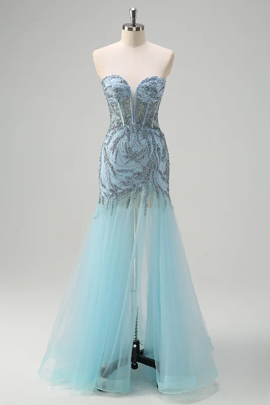 Satin Dresses for Shiny Look -Sparkly Light Blue Mermaid Strapless Corset Long Beaded Prom Dress With Slit