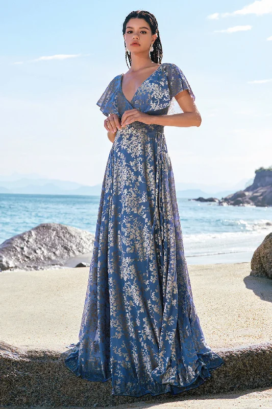 Beach Dresses for Coastal -Grey Blue A-Line V Neck Burnout Velvet Printed Long Bridesmaid Dress