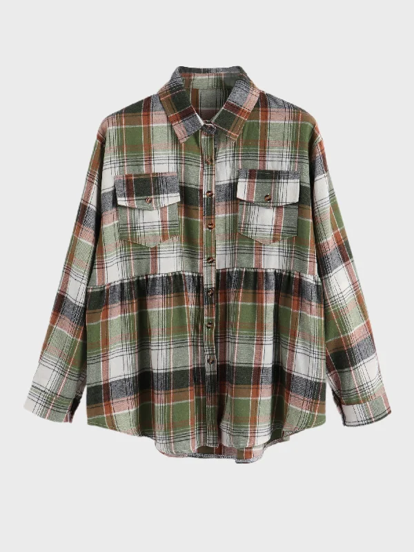 Adjustable Blouses for Fit -Midsize Lapel Long Sleeve Plaid Shirt with Pocket