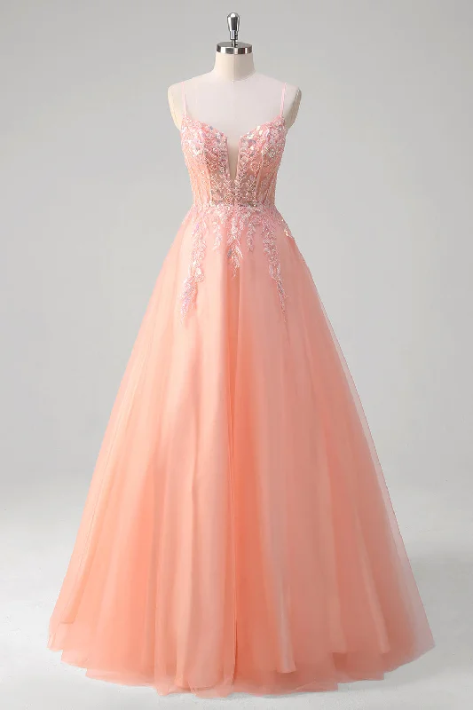 Sequined Dresses for Sparkle -Sparkly Peach A-Line Corset Floral Tulle Long Prom Dress with Beaded