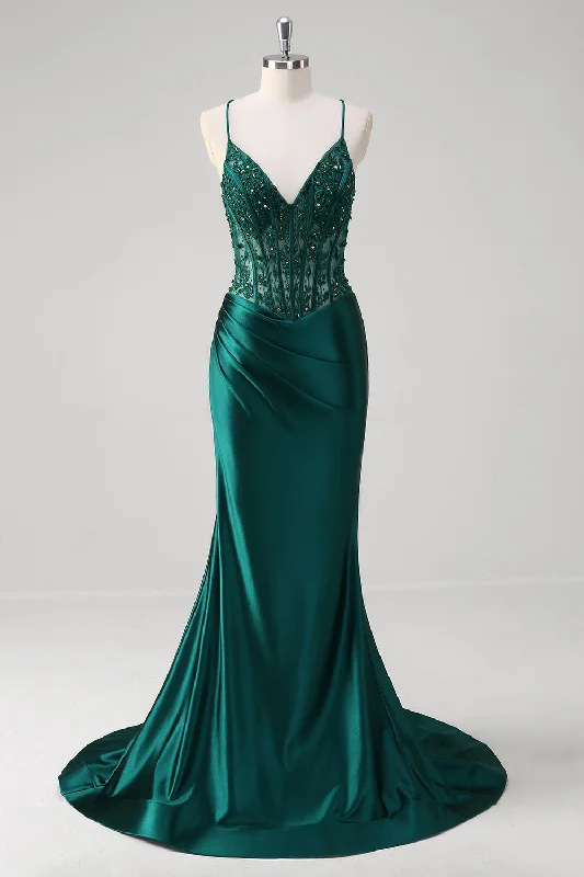 Minimalist Dresses for Simplicity -Dark Green Mermaid Pleated Sequin Corset Long Prom Dress With Lace Up Back