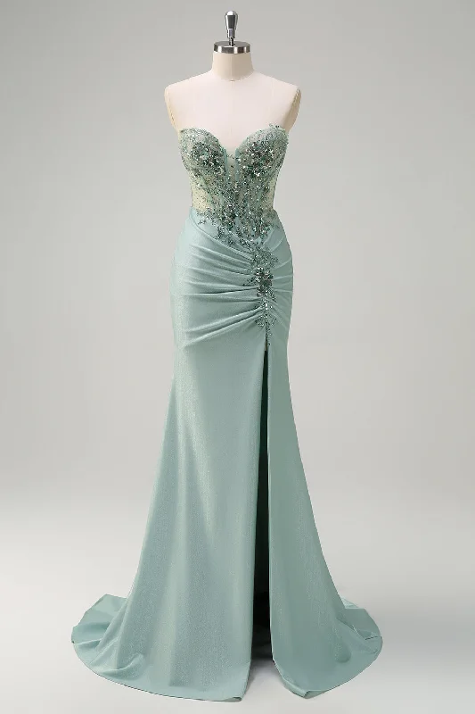 Blue Dresses for Classic -Sparkly Grey Green Mermaid Strapless Sequin Corset Ruched Long Prom Dress with Slit