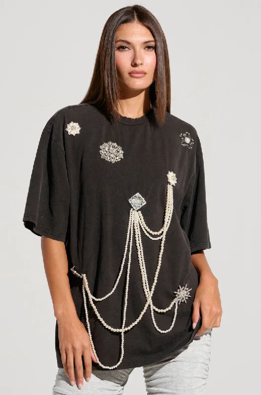 V Neck Blouses for Flattering -DRIPPING IN JEWELS EMBELLISHED T SHIRT IN HEATHER GREY