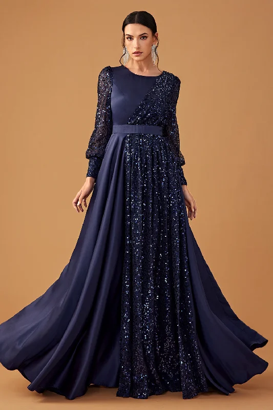 Birthday Dresses for Celebration -Glitter Sequins Navy A Line Long Prom Dress with Long Sleeves