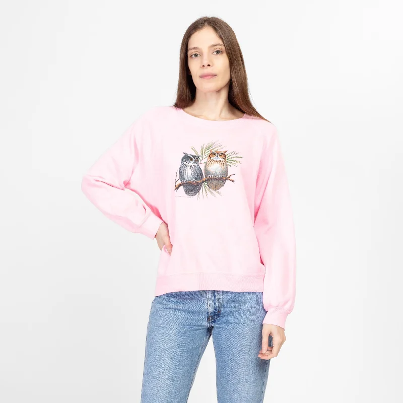 Travel Blouses for On the Go -Large 90s Pink Owl Sweatshirt