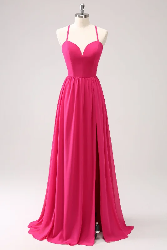 Rhinestone Dresses for Bling -Fuchsia Spaghetti Straps Chiffon Long Bridesmaid Dress with Slit