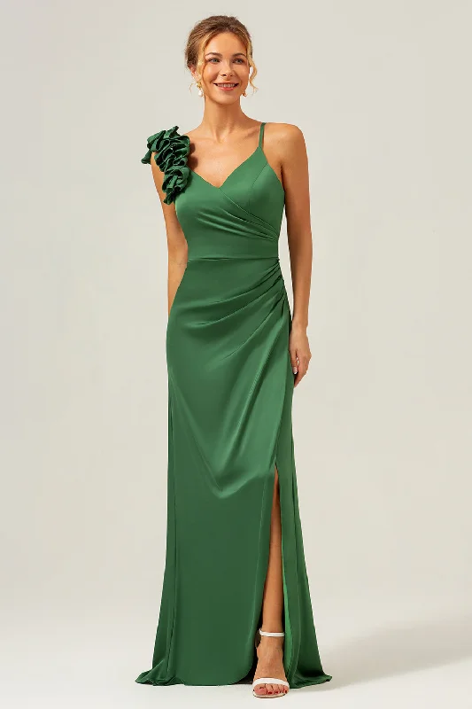 Tiered Dresses for Voluminous -Olive Green Sheath Pleated Satin Long Bridesmaid Dress with Slit