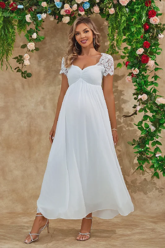 Valentine's Day Dresses for Romance -A Line White Long Maternity Bridesmaid Dress With Short Sleeves