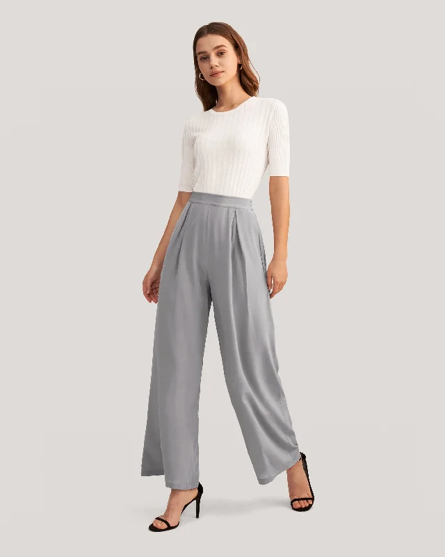 Form-fitting tight trousers for women with slimming effect and flattering cut -Smooth Silk Wide Leg Cropped Pants Classy