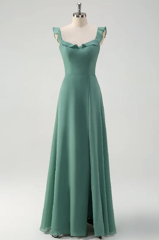 Lace Dresses for Delicate -Eucalyptus Chiffon A Line Spaghetti Straps Long Bridesmaid Dress with Slit