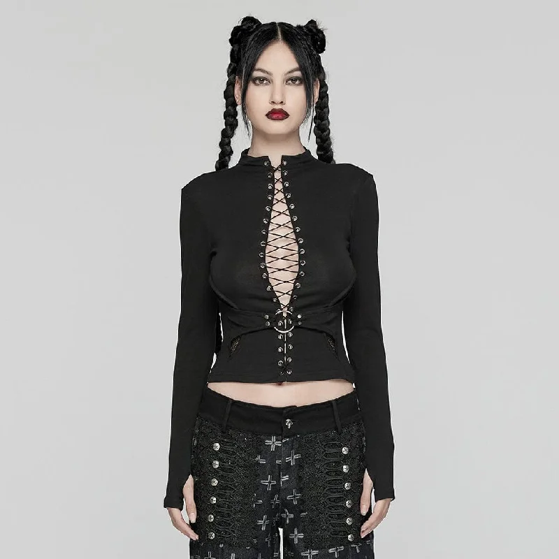 Bohemian Blouses with Tassels -Women's Punk Lace-up Mesh Splice Shirt