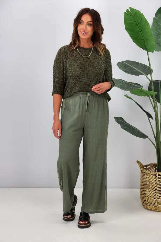 Bold patterned tight trousers for women with geometric or floral prints for unique look -Jane James Renee Linen Look Pant With Satin Stripe Sage