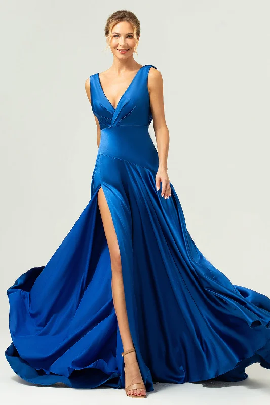 Wedding Dresses for Bridal Look -Ink Blue A Line V-Neck Satin Long Bridesmaid Dress with Slit