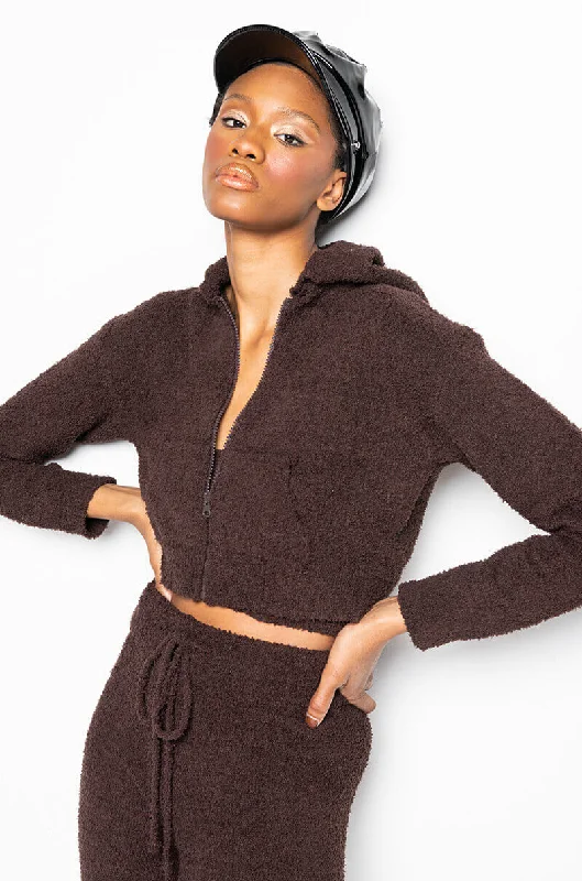 Clip On Blouses for Non Pierced -COME THROUGH COZY SWEATSHIRT DARK BROWN