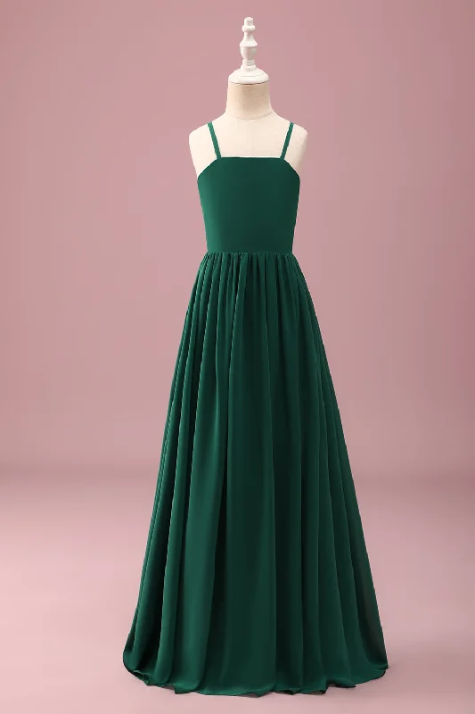 Khaki Dresses for Casual -Dark Green A Line Ruched Spaghetti Straps Junior Bridesmaid Dress