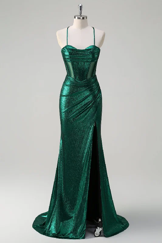 Nylon Dresses for Stretchable -Glitter Dark Green Mermaid Corset Ruched Metallic Prom Dress with Slit