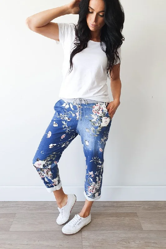 Trendy tight trousers for women with zipper details and edgy finish -Italian Cartel Venice Floral Pant Denim